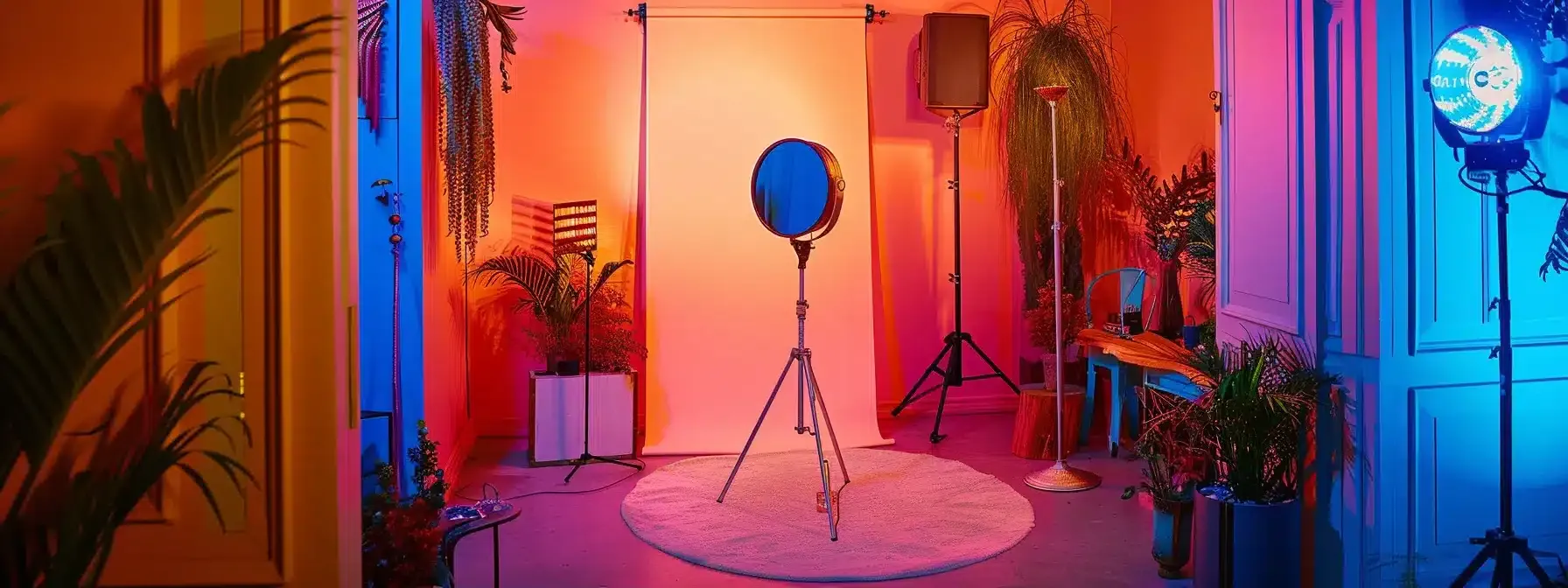 a vibrant wedding photo booth setup features an elegantly designed backdrop adorned with personalized prints and themed props, all illuminated by soft, ambient lighting, capturing the joyous atmosphere of a wedding celebration.