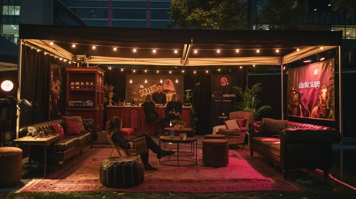 a dynamic outdoor corporate event featuring a stylish mobile escape room, marked by a sleek black tent branded "mid atlantic escape," where diverse groups of people enthusiastically solve puzzles amid vintage furniture and atmospheric props, all under warm lighting that highlights the festival-like ambiance.