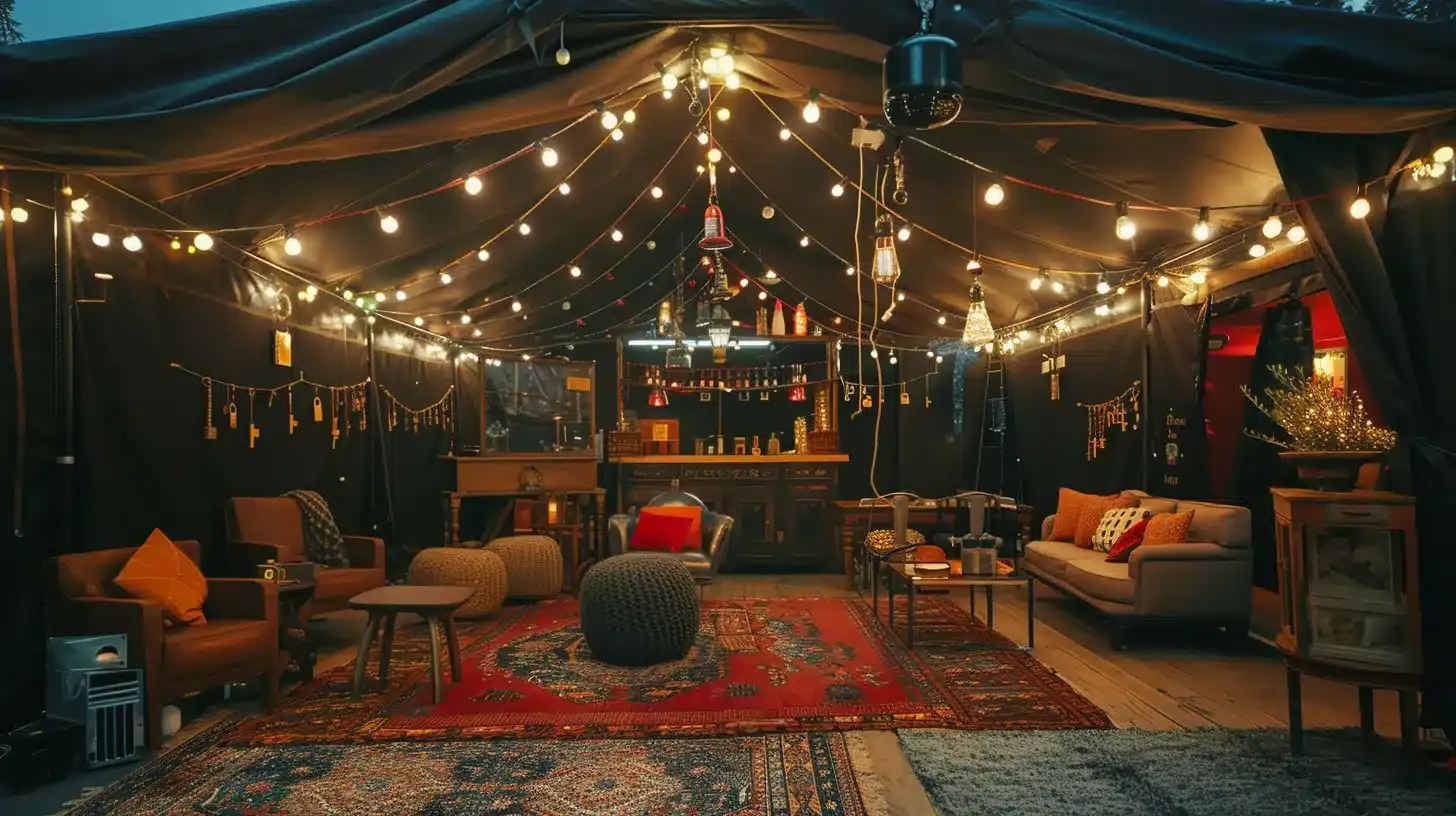 a dynamic corporate event showcases a stylish mobile escape room under a sleek black tent, bustling with diverse groups of individuals joyfully collaborating on intricate puzzles amid atmospheric decor of locks, keys, and vintage furnishings, all lit by warm ambient lighting, creating an engaging festival atmosphere.