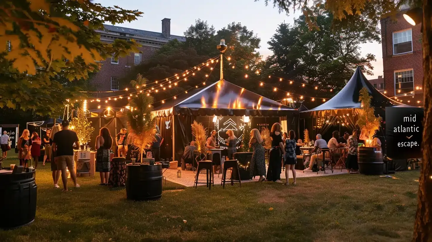 a vibrant outdoor corporate event features a sleek black tent labeled "mid atlantic escape," filled with diverse groups of people engaged in laughter and puzzle-solving, surrounded by festive tables adorned with vintage furniture and atmospheric props like locks and keys, captured in warm, inviting light in a cinematic 16:9 landscape format.
