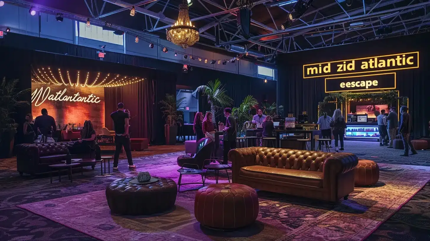 a vibrant scene at a corporate event features a sleek black tent labeled "mid atlantic escape," bustling with diverse groups of people engaged in lively puzzle-solving around vintage furniture and themed props, all under warm, inviting lighting that enhances the festival-like atmosphere.