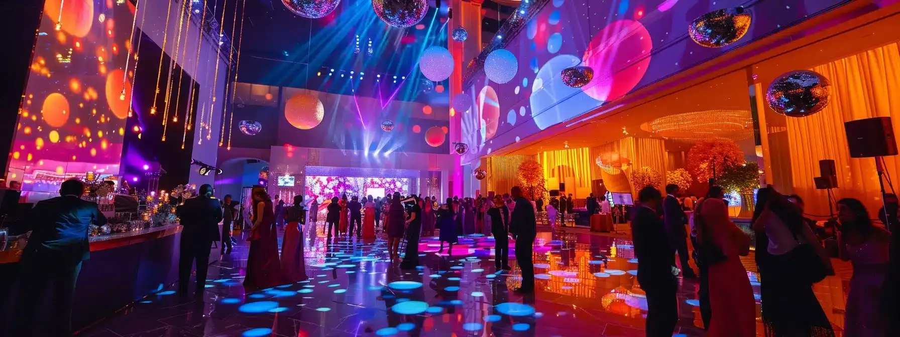 an elegant, dimly-lit event hall adorned with personalized decorations and a sleek magic mirror photo booth, buzzing with excitement as guests interact and capture joyful moments amidst a backdrop of lively, colorful lighting.