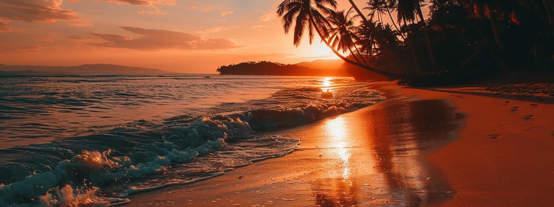 a vibrant sunset casts a warm glow over a serene coastline, with gentle waves lapping against golden sands and silhouetted palm trees swaying in the breeze.