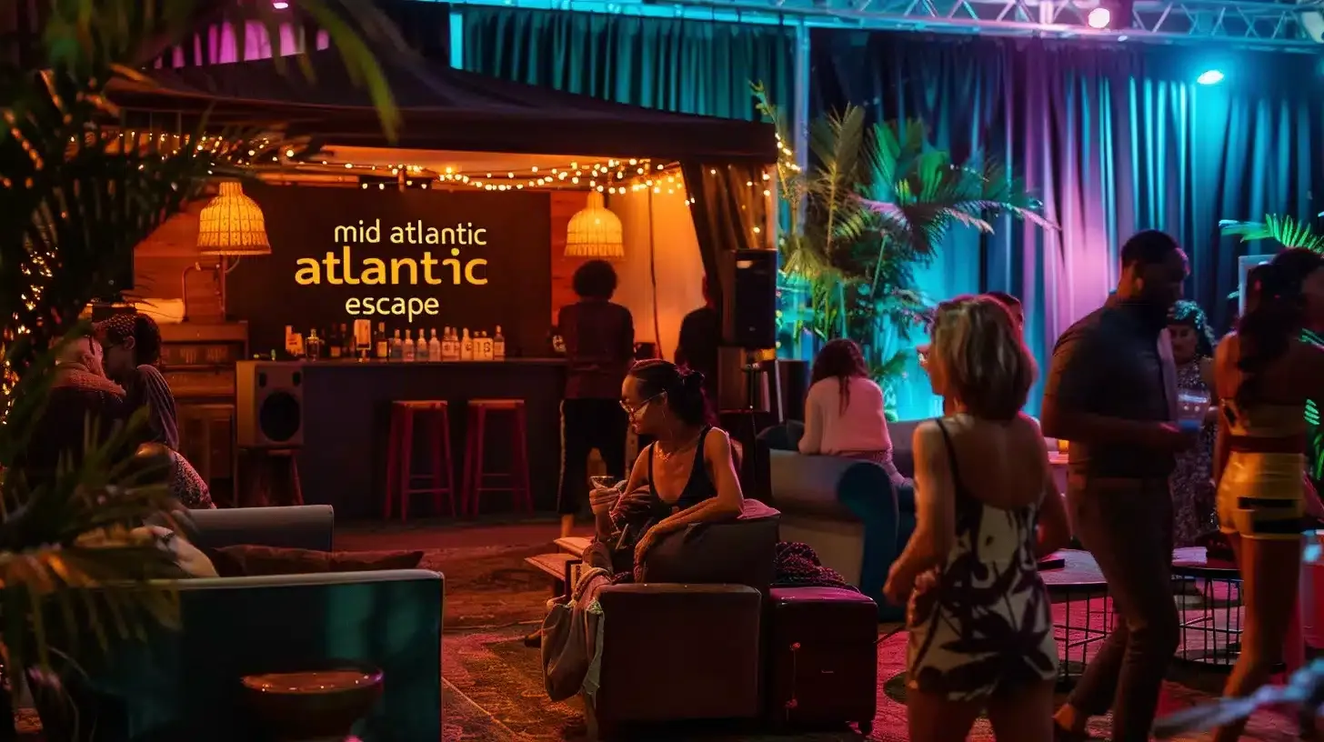 a vibrant scene of a stylish mobile escape room at a corporate event, featuring a sleek black tent with “mid atlantic escape” boldly displayed, surrounded by engaged groups of diverse individuals laughing and solving puzzles amidst atmospheric props like locks, keys, and vintage furniture, all under warm lighting and a lively festival atmosphere.