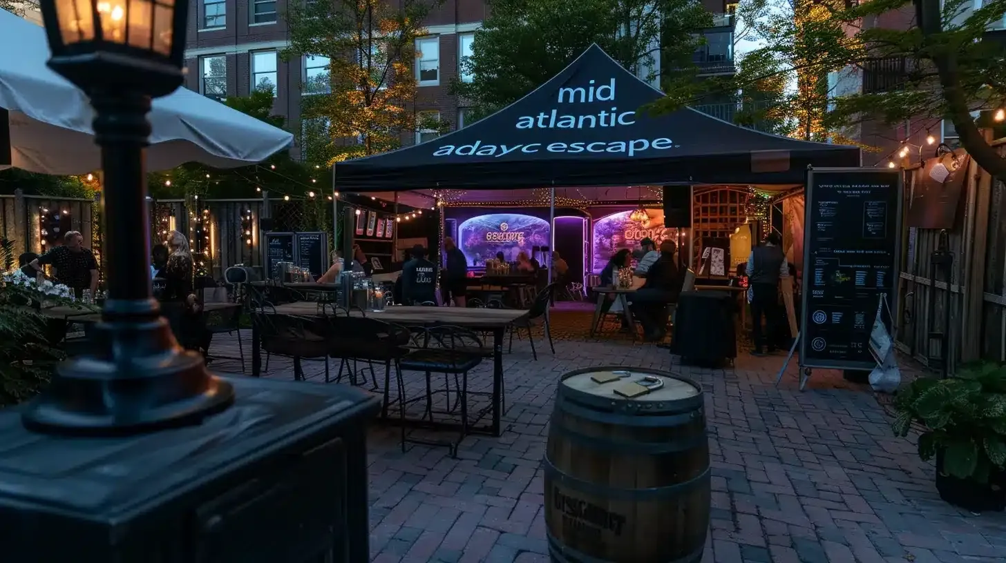 a vibrant and dynamic outdoor scene at a corporate event features a sleek black tent marked with “mid atlantic escape,” showcasing groups of diverse participants enthusiastically solving puzzles amidst immersive escape room props, surrounded by tables decorated with vintage furniture and atmospheric details like locks and lanterns, all under warm lighting that enhances the festive vibe.