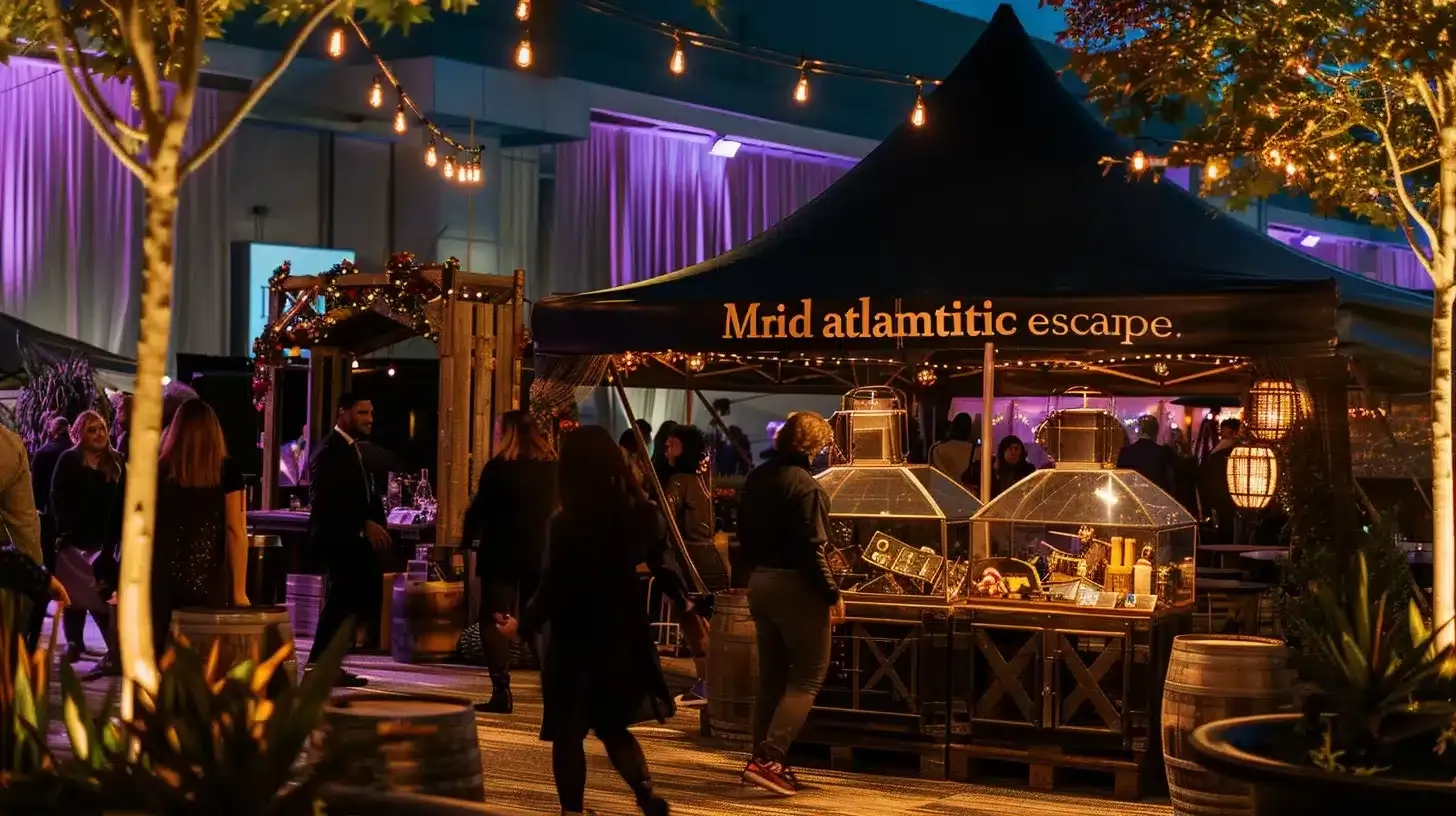 a vibrant corporate event scene showcasing a sleek black tent labeled "mid atlantic escape," where diverse groups enthusiastically solve puzzles and interact with atmospheric escape room props like locks and vintage furniture, all set under warm lighting and surrounded by festive tables and decorative lanterns.