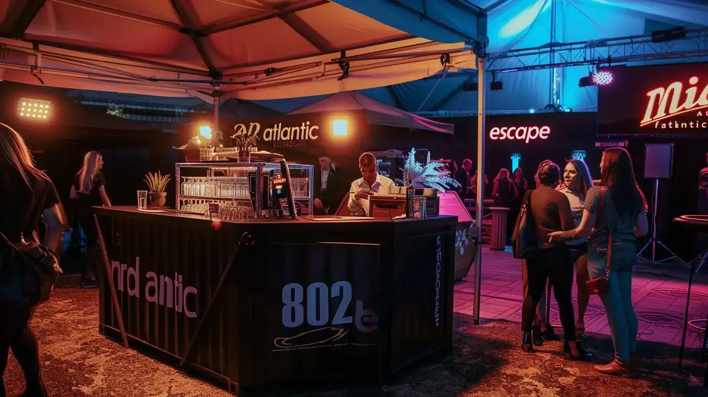 a vibrant corporate event scene featuring a stylish mobile escape room under a sleek black tent with bold "mid atlantic escape" lettering, bustling with diverse groups joyfully collaborating over intricate puzzles amidst immersive props and atmospheric details, all set in a lively outdoor festival-like environment.