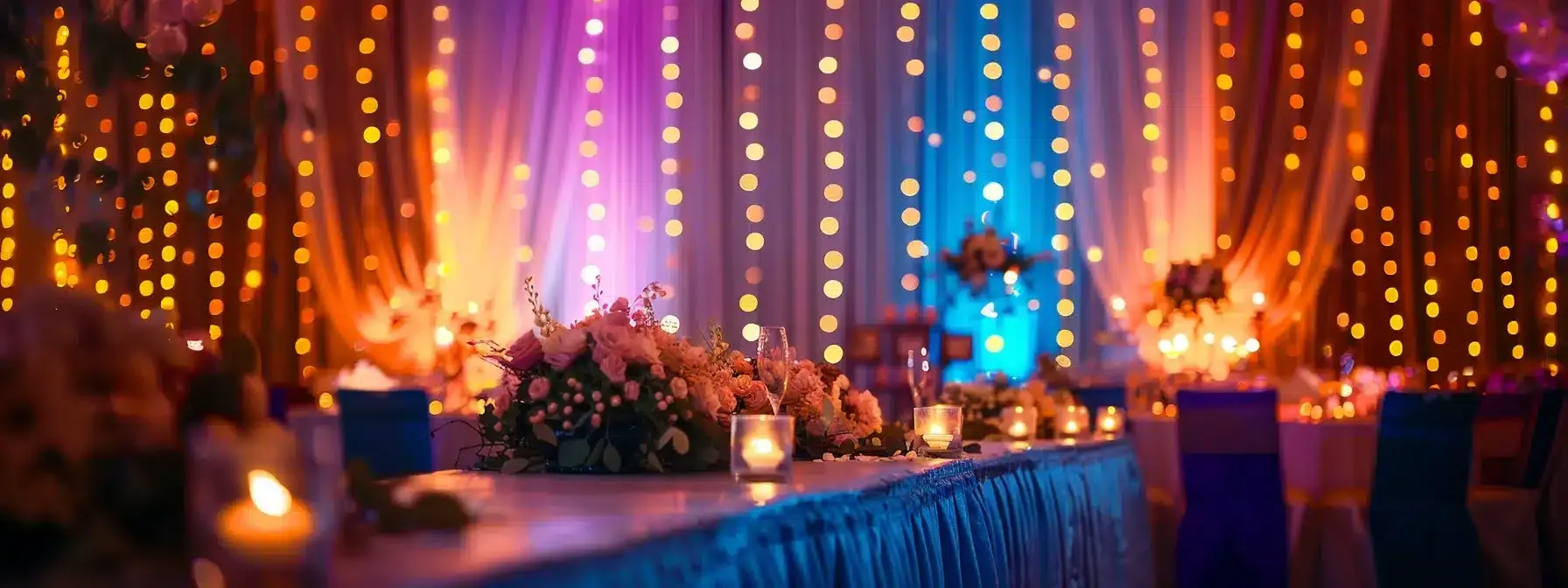 a vibrant wedding reception setting featuring a stylish, customized photobooth adorned with elegant decorations and playful props, capturing guests joyfully interacting and taking photos against a backdrop of shimmering lights.