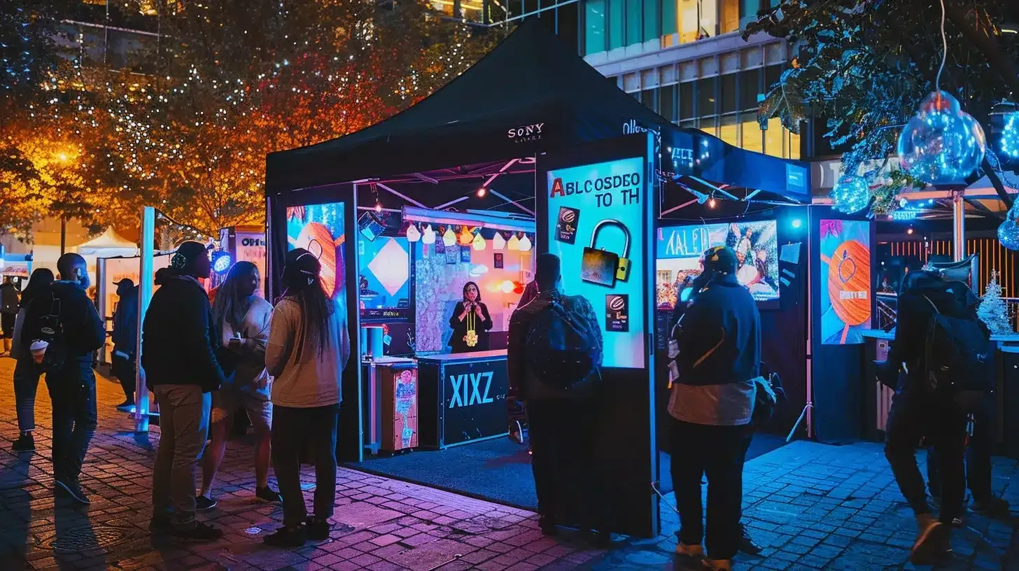 a vibrant outdoor corporate event featuring a stylish mobile escape room beneath a sleek black tent adorned with bold lettering, surrounded by engaged groups of diverse participants enthusiastically solving puzzles, complemented by atmospheric props like locks and lanterns, all set against a festive backdrop.