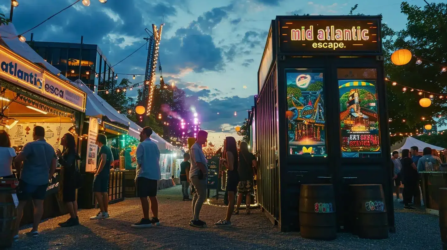 a vibrant outdoor corporate event scene features a sleek black tent branded “mid atlantic escape,” where diverse groups of people joyfully collaborate on intricate puzzles amid an engaging atmosphere of vintage props, atmospheric lanterns, and a lively festival-like setting.