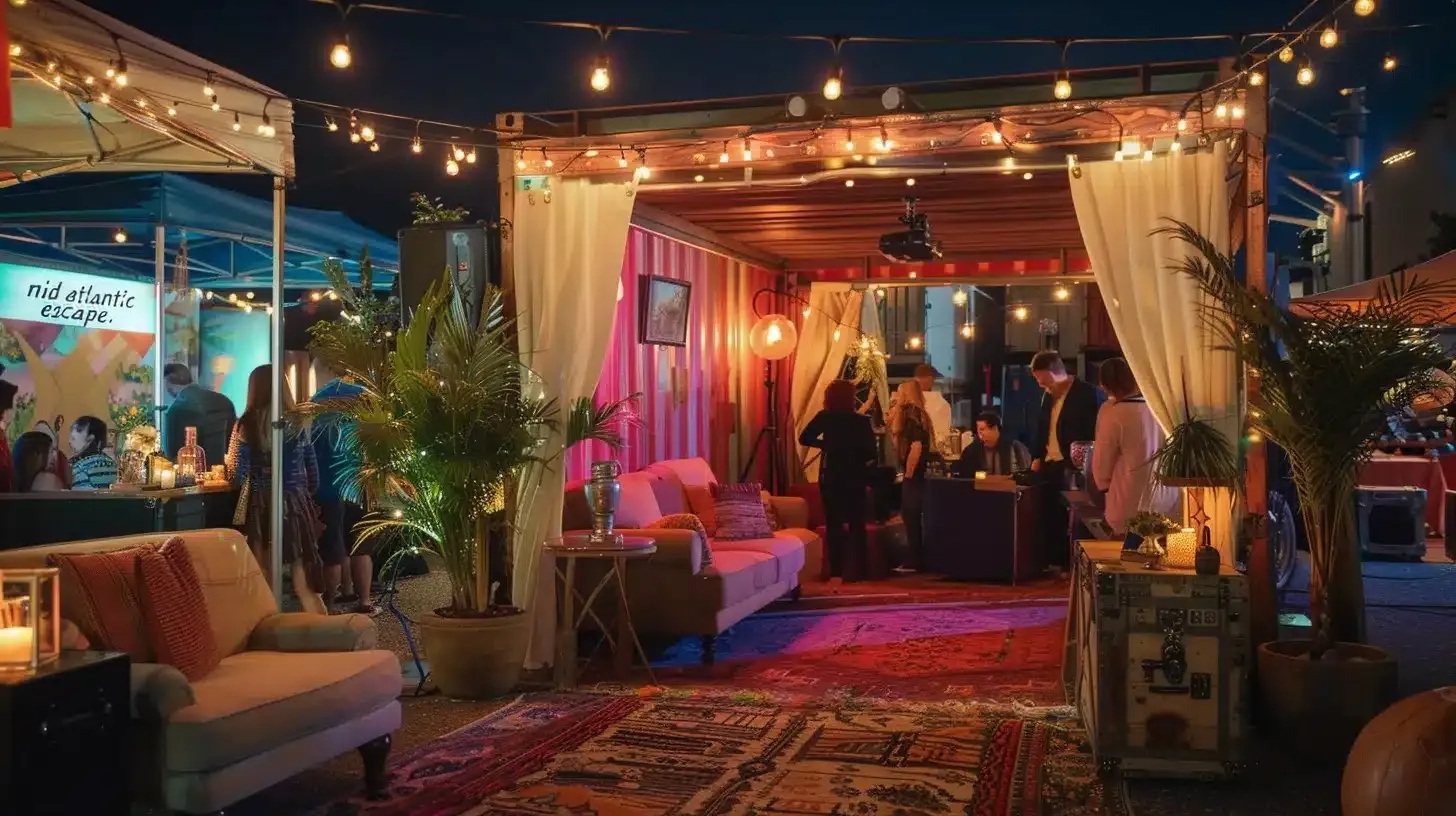 a vibrant outdoor corporate event scene features a stylish mobile escape room tent labeled “mid atlantic escape,” where diverse groups of people engage joyfully with intricate puzzles and vintage props, under warm lighting that enhances the lively, festival-like atmosphere filled with decorative locks, keys, and charming furniture.