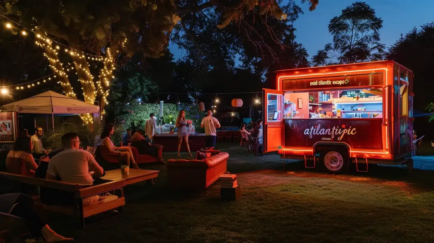 a vibrant outdoor corporate event showcases a chic mobile escape room with bold "mid atlantic escape" branding, where diverse groups enthusiastically solve intricate puzzles amid engaging props, vintage furniture, and a lively festival atmosphere, all illuminated by warm lighting.