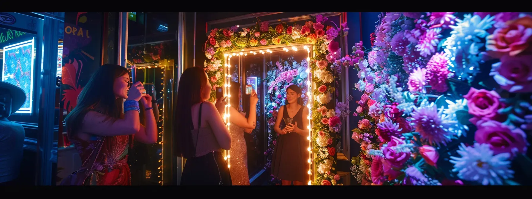 a beautifully decorated mirror photobooth at a wedding, surrounded by soft fairy lights and vibrant floral arrangements, capturing the joyous atmosphere of guests smiling and posing elegantly.