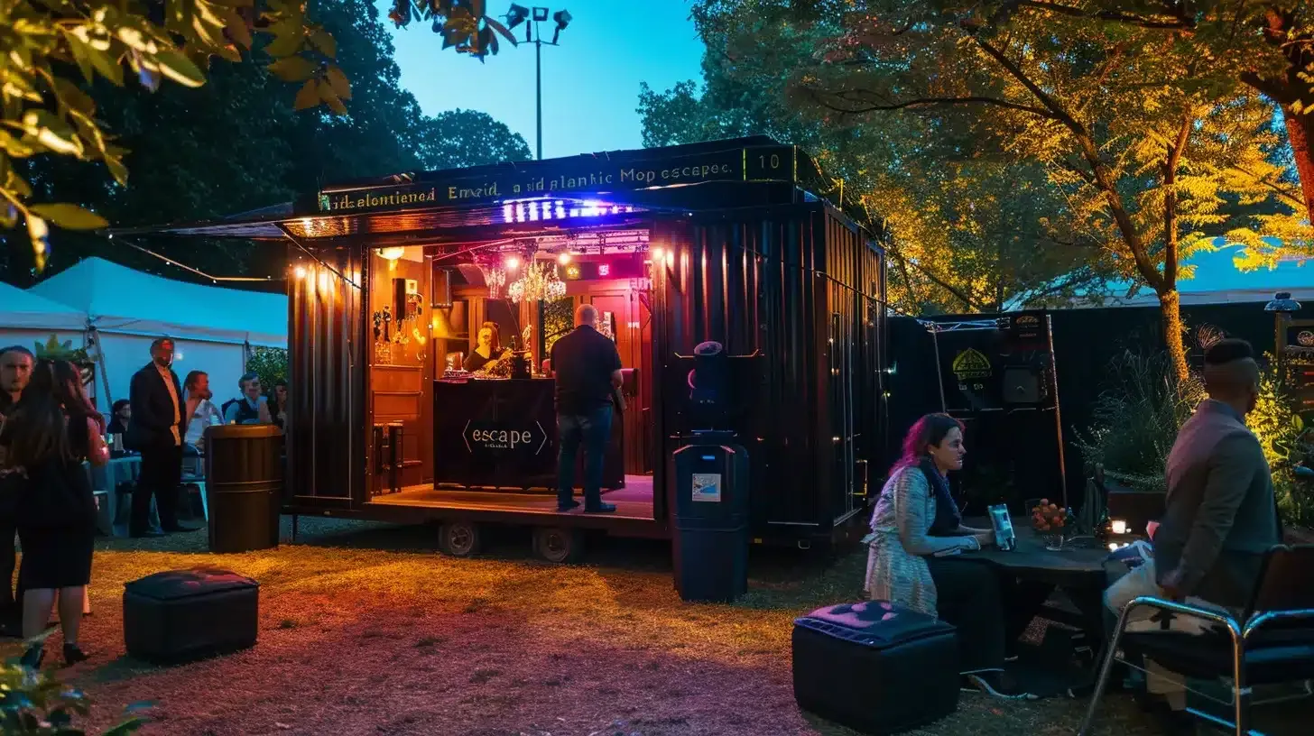 a vibrant mobile escape room at a corporate event features a sleek black tent marked "mid atlantic escape," where diverse groups engage in laughter and puzzle-solving surrounded by atmospheric props like locks, keys, and vintage furniture, all set against a backdrop of tables and trees under warm ambient lighting.
