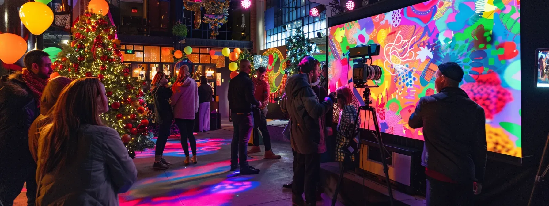 a group of people standing around a large screen with colorful lights