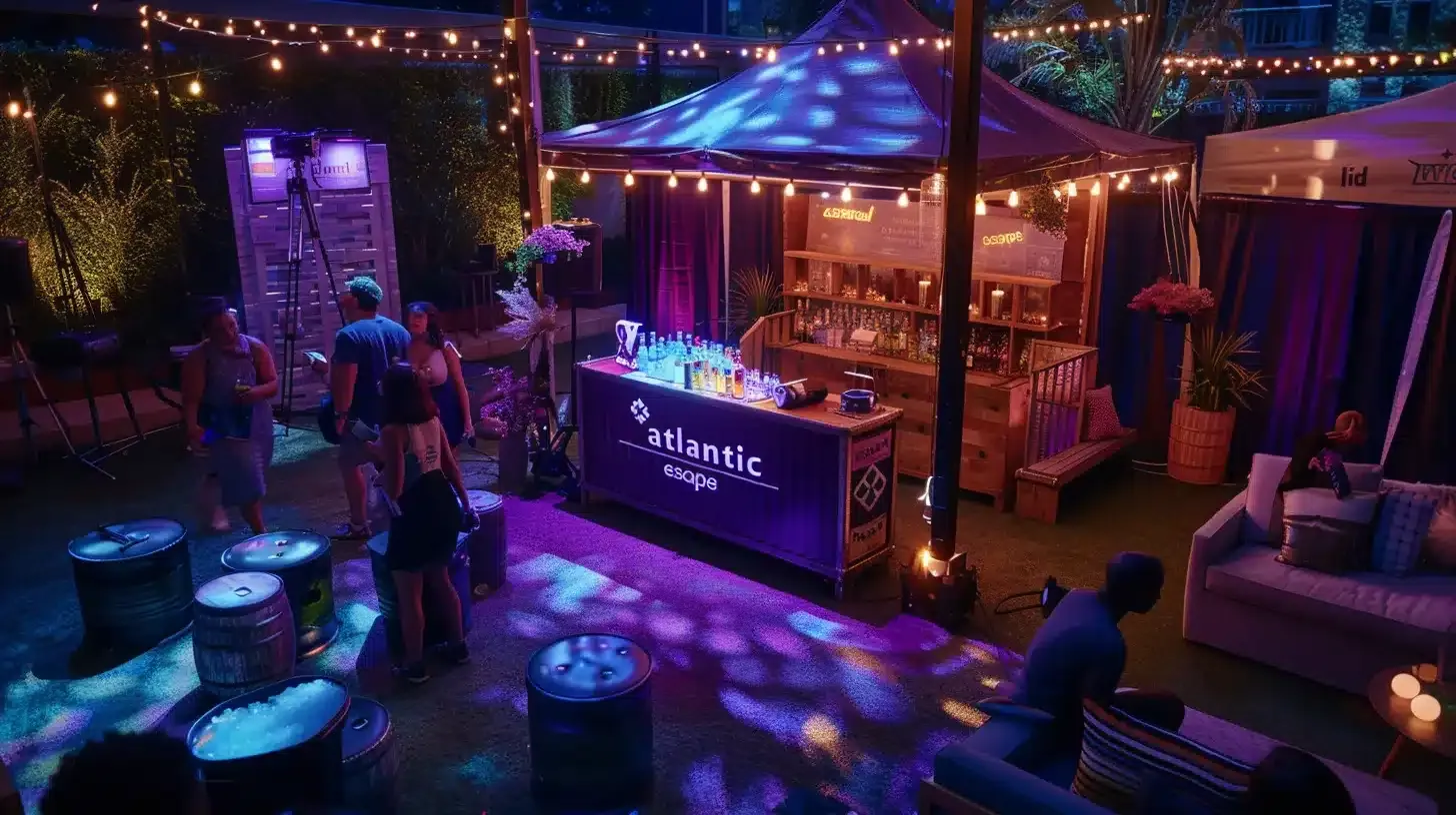 a vibrant outdoor corporate event featuring a stylish mobile escape room tent emblazoned with “mid atlantic escape,” surrounded by diverse participants immersed in laughter and puzzle-solving, enhanced by atmospheric props like locks, keys, and vintage furniture, all under warm ambient lighting.