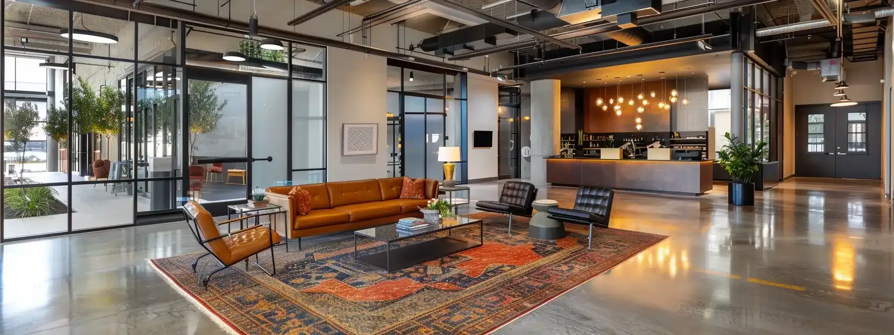 a sleek, modern office space features a large, elegantly framed mirror reflecting the minimalist decor and ambient lighting, creating a striking visual focal point that enhances the room's sophistication.