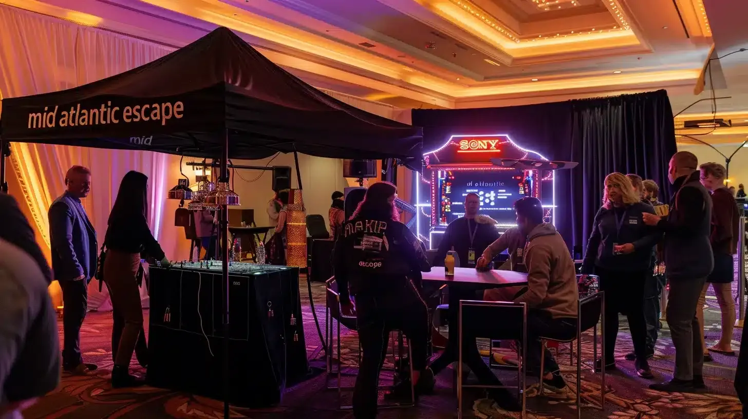 a vibrant mobile escape room at a corporate event, featuring a sleek black tent adorned with "mid atlantic escape" signage, surrounded by diverse groups of people enthusiastically solving puzzles amidst atmospheric props like locks and lanterns, all under warm lighting that creates a festive ambiance.