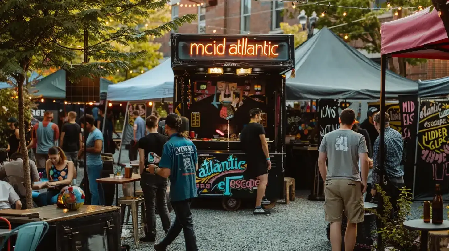 a vibrant outdoor corporate event features a sleek black tent labeled “mid atlantic escape,” filled with diverse groups joyfully collaborating on puzzles and surrounded by vintage furniture and atmospheric props, capturing the transformative essence of mobile escape rooms in a stylish festival-like atmosphere.
