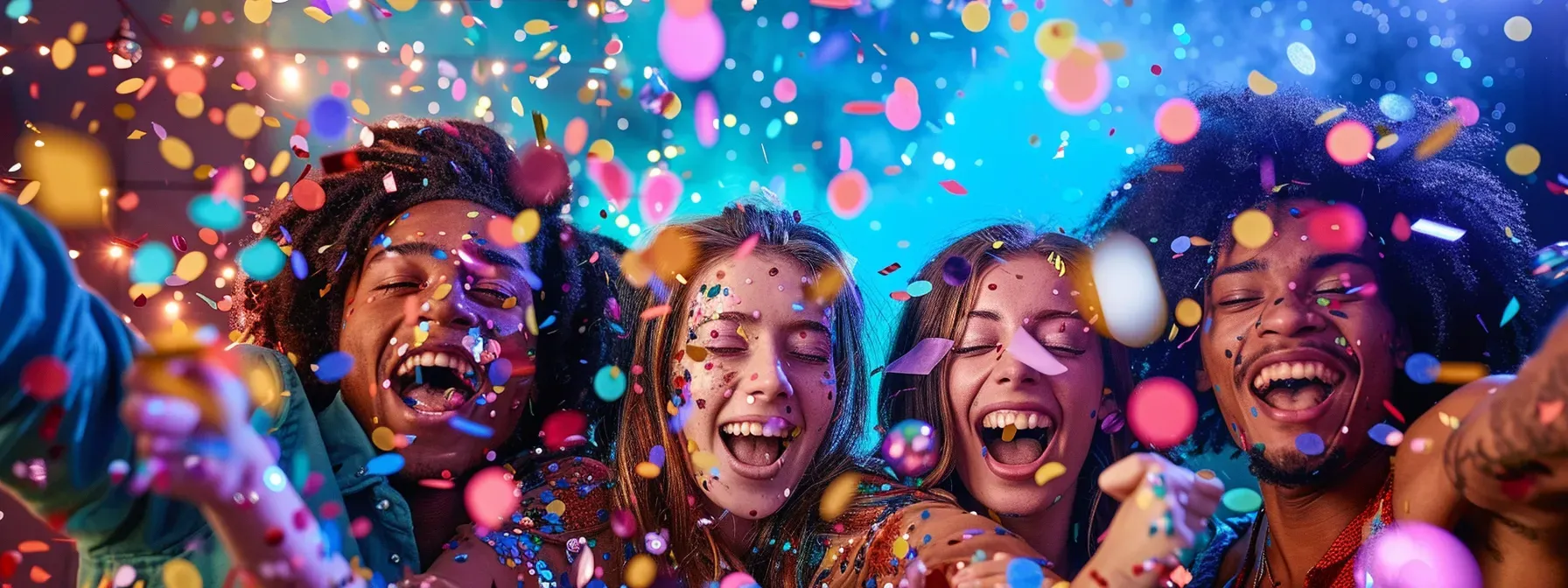 a vibrant party atmosphere captures joyful guests posing exuberantly at various interactive photo booths, illuminated by colorful lights and surrounded by shimmering confetti, creating a captivating backdrop of celebration and unforgettable memories.