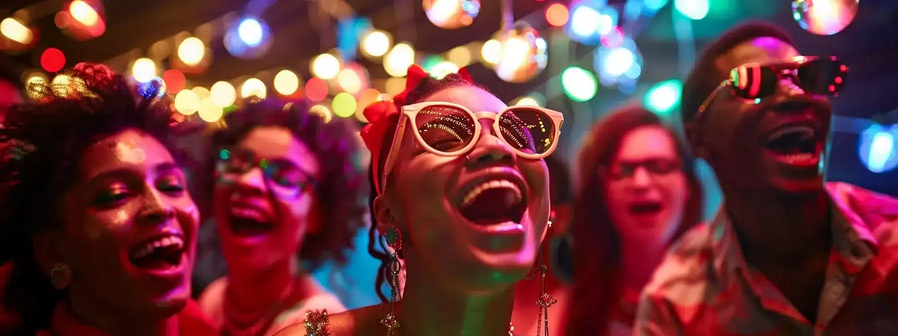 a lively holiday party photo booth brimming with festive props and bright backdrops captures guests in joyful poses, under playful, colorful lighting that enhances the spirit of celebration.