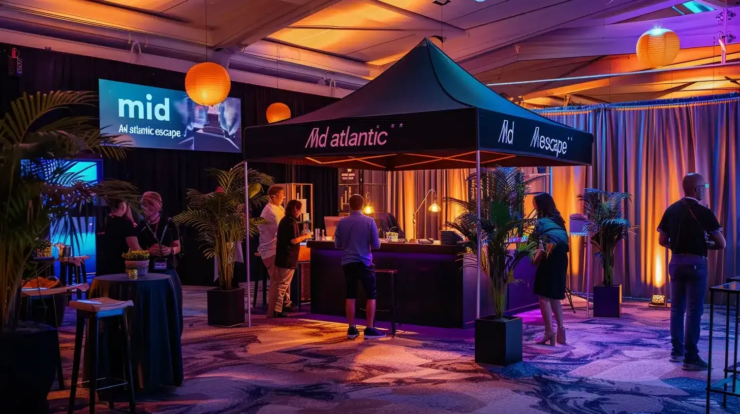 an immersive mobile escape room experience unfolds under a sleek black tent labeled “mid atlantic escape,” where diverse participants energetically engage with vintage props and puzzles amidst a festival atmosphere, accented by warm, ambient lighting and playful decor elements in a lively corporate event setting.
