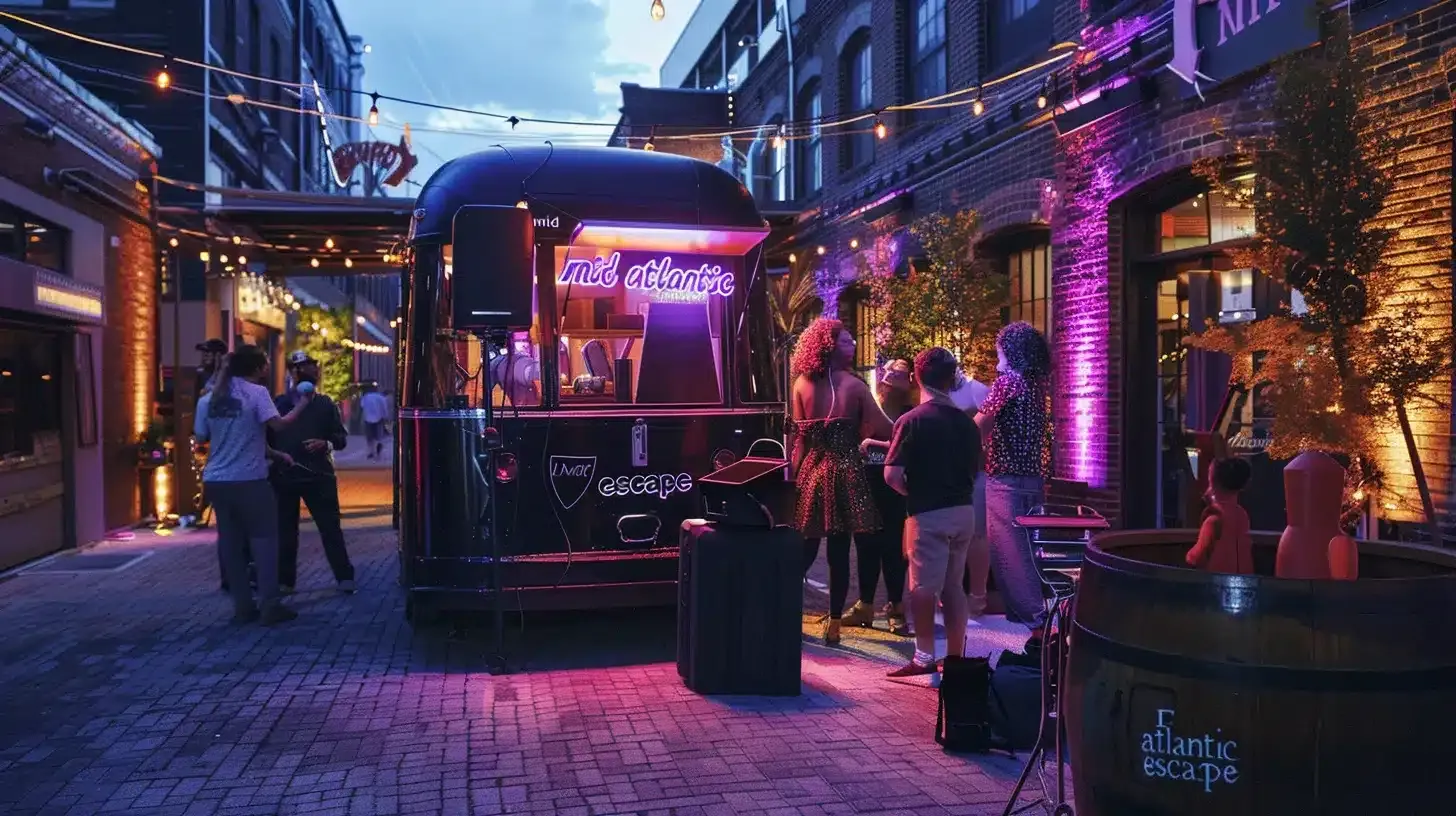 a vibrant outdoor corporate event showcases a sleek black mobile escape room tent emblazoned with "mid atlantic escape," surrounded by diverse groups of people joyfully solving puzzles amid vintage props, warm lighting, and a festival atmosphere.