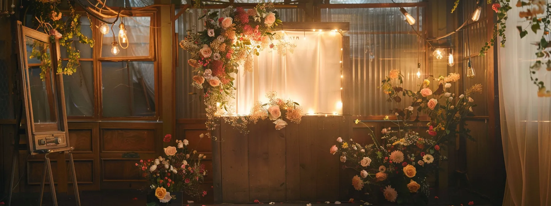 a beautifully styled vintage photo booth adorned with soft, nostalgic lighting, capturing the essence of cherished wedding moments against a backdrop of elegant floral arrangements.