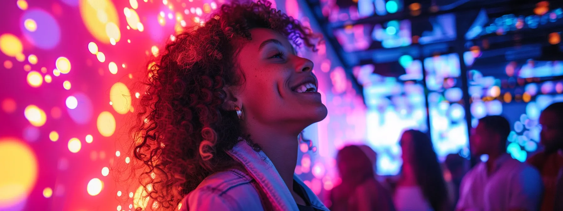 a vibrant, high-tech photo booth captures joyful guests immersed in augmented reality filters and dynamic gifs, surrounded by a lively event atmosphere filled with colorful lights and engaging interactions.