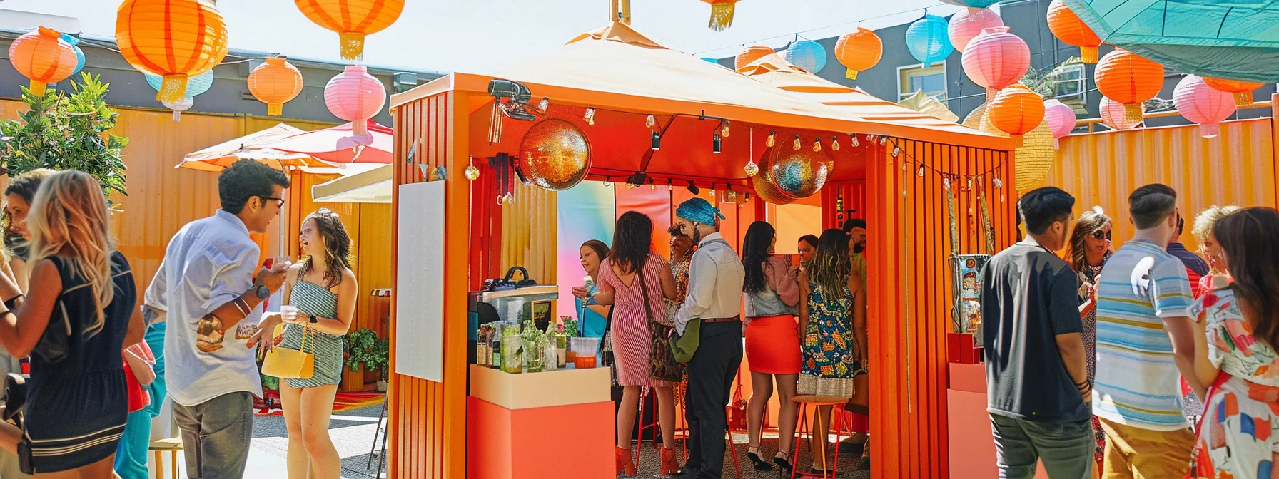 a vibrant outdoor event is captured with a sleek, compact photo booth surrounded by cheerful guests, set against a backdrop of colorful decorations and natural light, showcasing the perfect blend of elegance and fun.