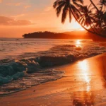 a vibrant sunset casts a warm glow over a serene coastline, with gentle waves lapping against golden sands and silhouetted palm trees swaying in the breeze.