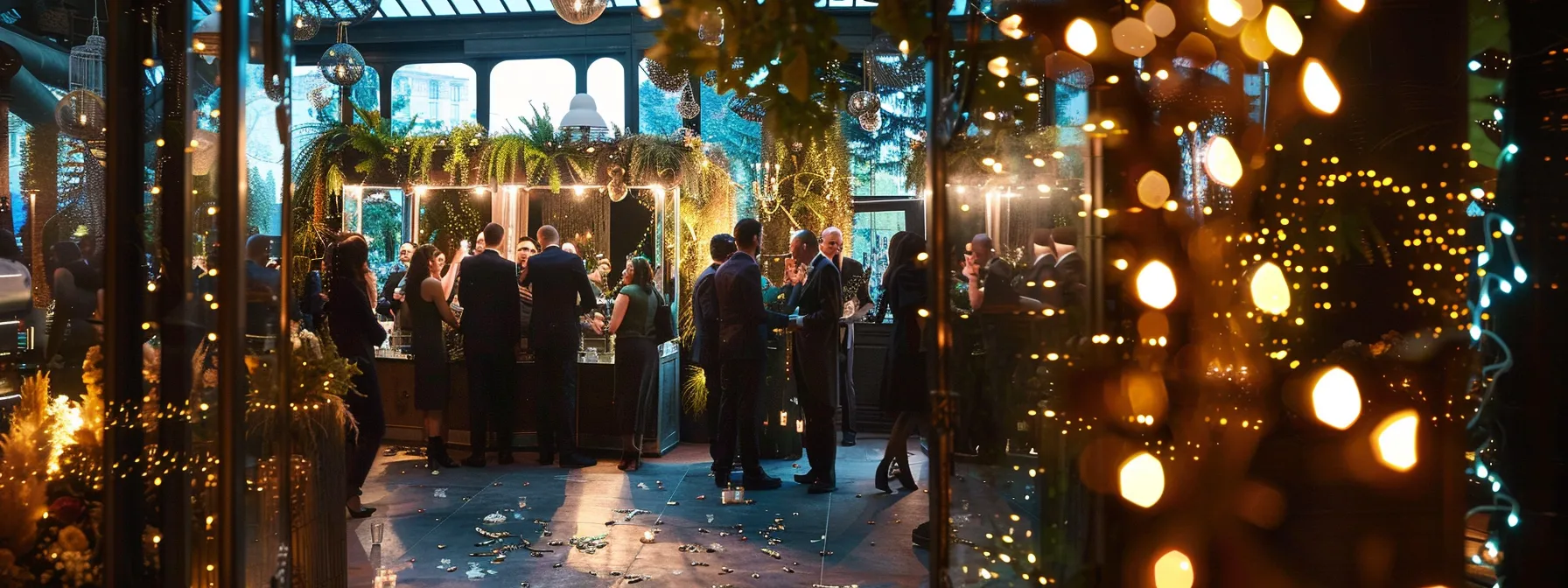 a beautifully adorned wedding venue featuring a stylish mirror photo booth surrounded by guests joyously capturing memories, bathed in warm, romantic lighting that enhances the celebratory atmosphere.