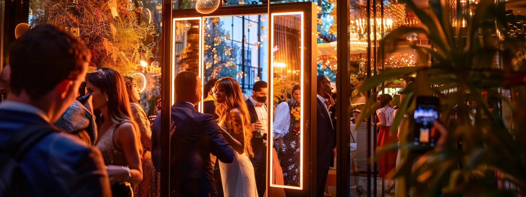 a sleek, illuminated mirror photobooth stands elegantly at a wedding reception, reflecting joyous guests and vibrant decor in its polished surface, captured in warm, soft lighting that enhances the festive atmosphere.