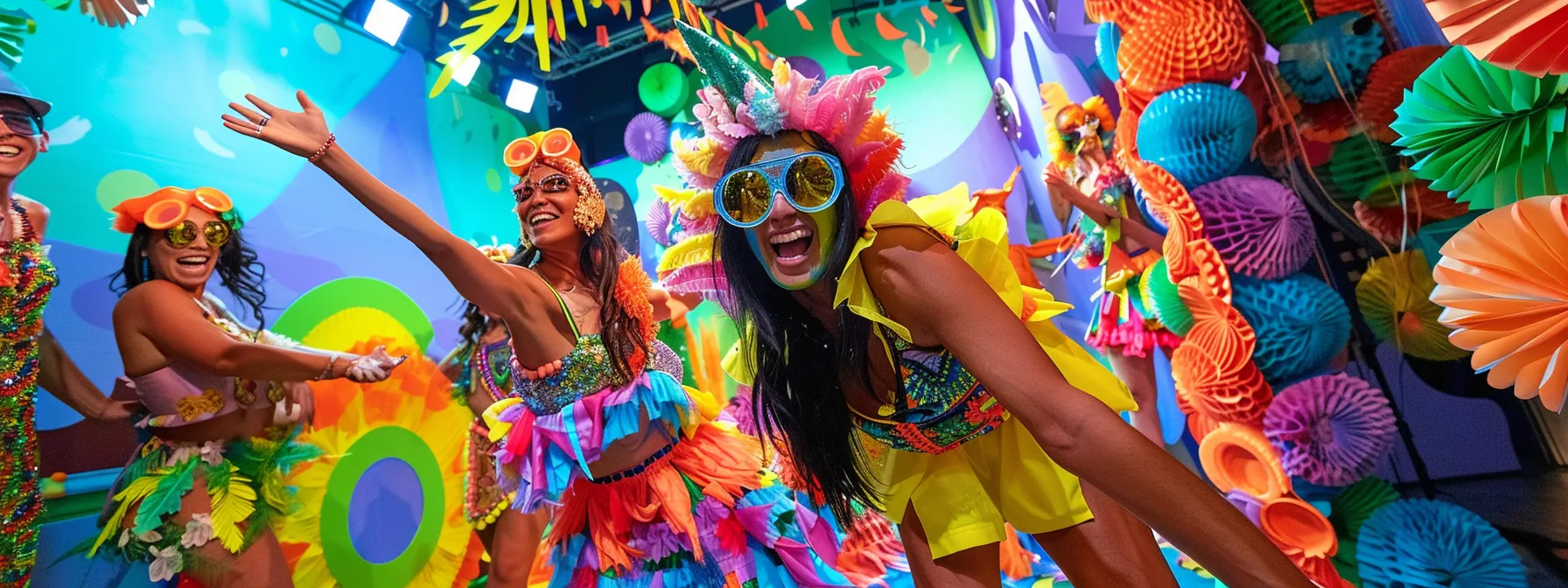 a vibrant and lively interactive photo booth scene filled with colorful props and costumes, capturing guests joyfully posing for unforgettable memories against a fun, festive backdrop.