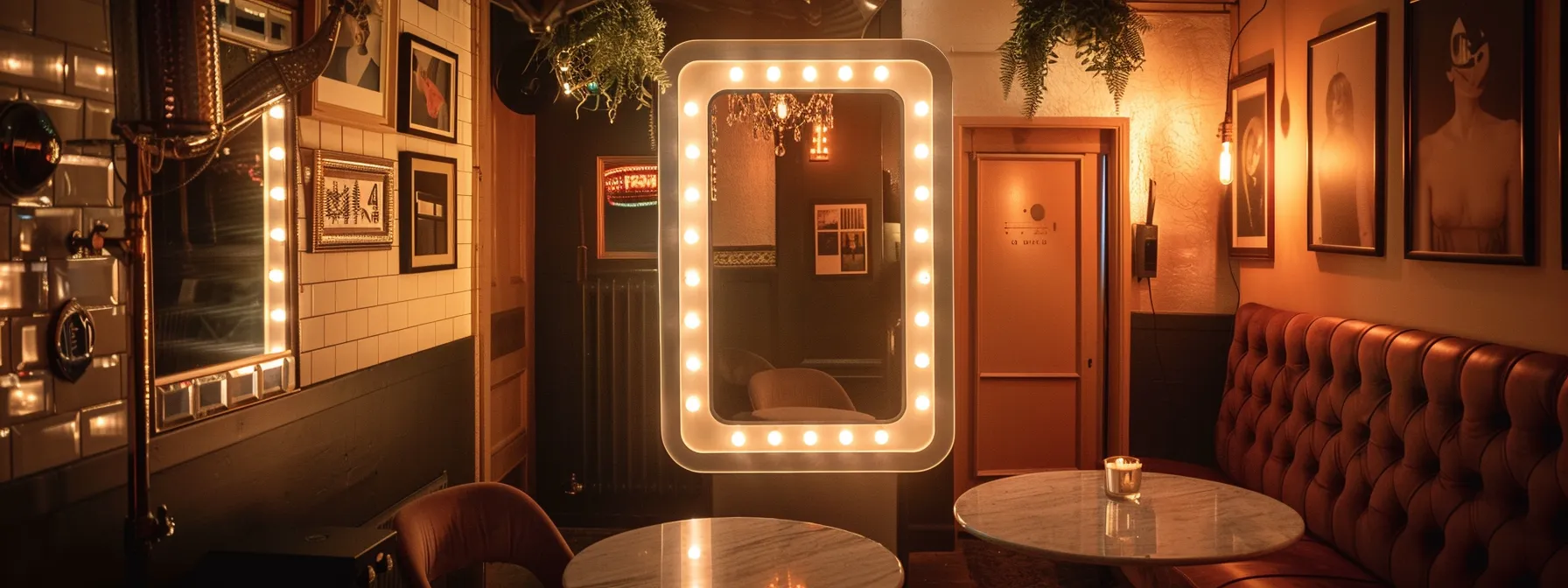 a beautifully lit vintage photo booth with a polished mirror finish sits against a backdrop of soft, romantic lighting, evoking a sense of nostalgia perfect for timeless celebrations.