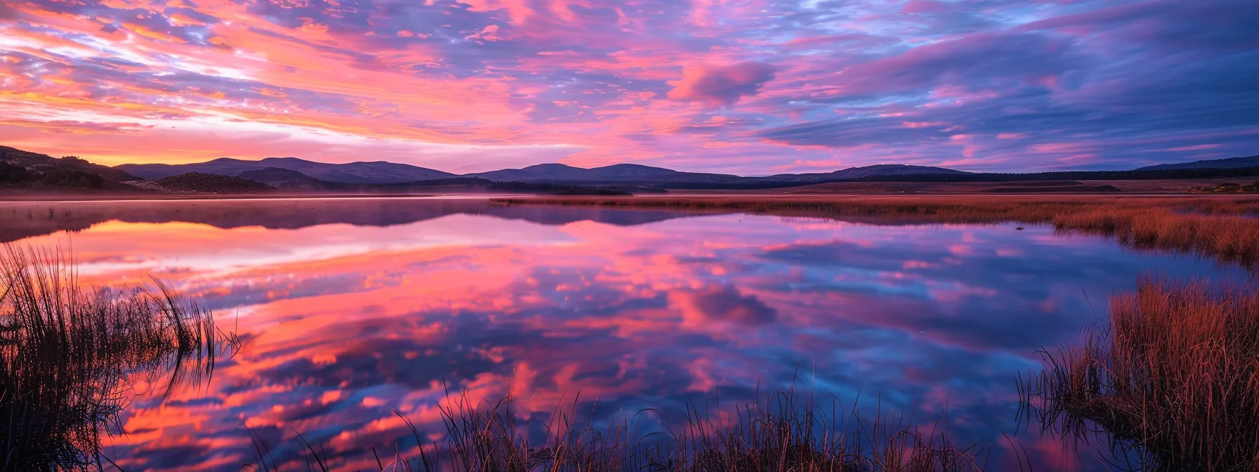 a breathtaking sunset casts a warm, golden glow over a tranquil lake, reflecting the vibrant hues of orange and pink clouds in the crystalline water.