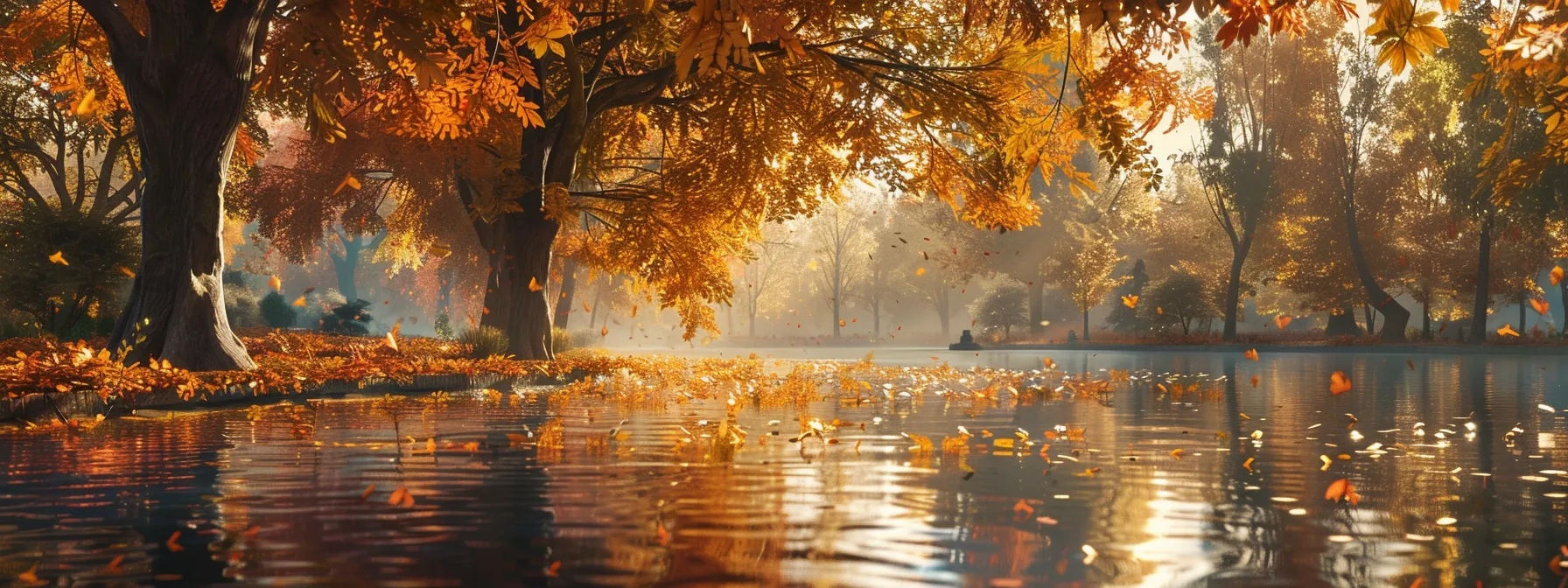 a serene autumn landscape features vibrant orange and gold leaves cascading from towering trees, reflecting in a tranquil pond under a soft, golden hour glow.