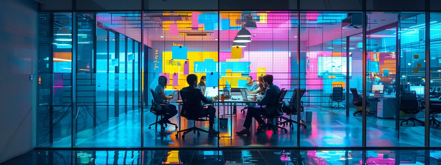 a sleek modern office space, illuminated by polished overhead lights, showcases a diverse group of professionals engaged in a dynamic brainstorming session around a large glass conference table, with vibrant sticky notes and digital screens displaying innovative ideas in the background.