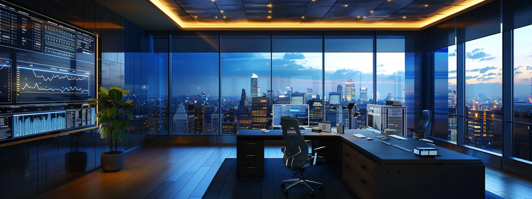 a sleek, modern office space with a large glass window overlooking a bustling city skyline, featuring a contemporary desk setup with high-tech gadgets and vibrant digital screens displaying analytics data.