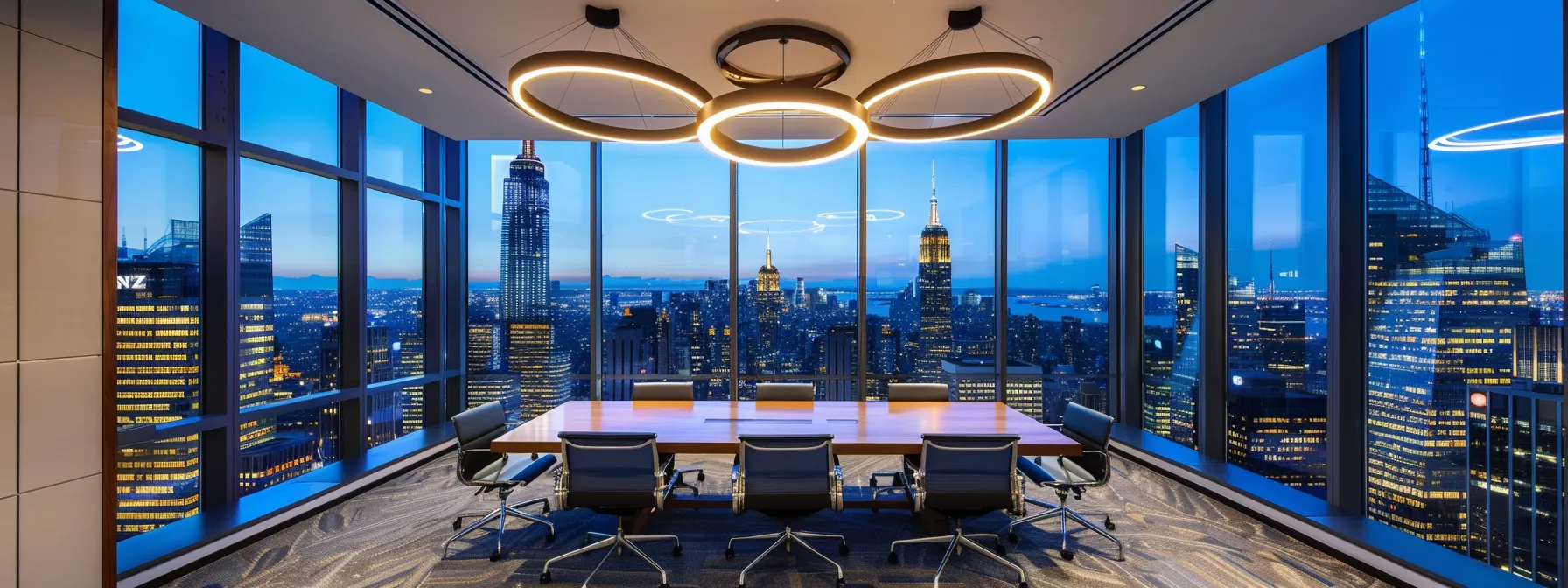 a sleek modern office space with large glass windows showcasing a bustling city skyline, where teams of diverse professionals collaborate around stylish conference tables, brightened by dynamic geometric pendant lighting.