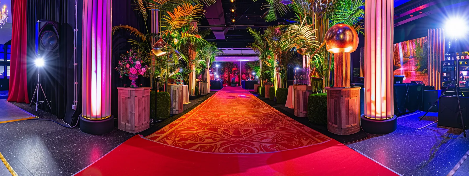 a vibrant and elegant photo booth, adorned with luxurious decorations and a red carpet, stands invitingly at a lively event, capturing the excitement and anticipation of attendees ready to create memorable experiences.