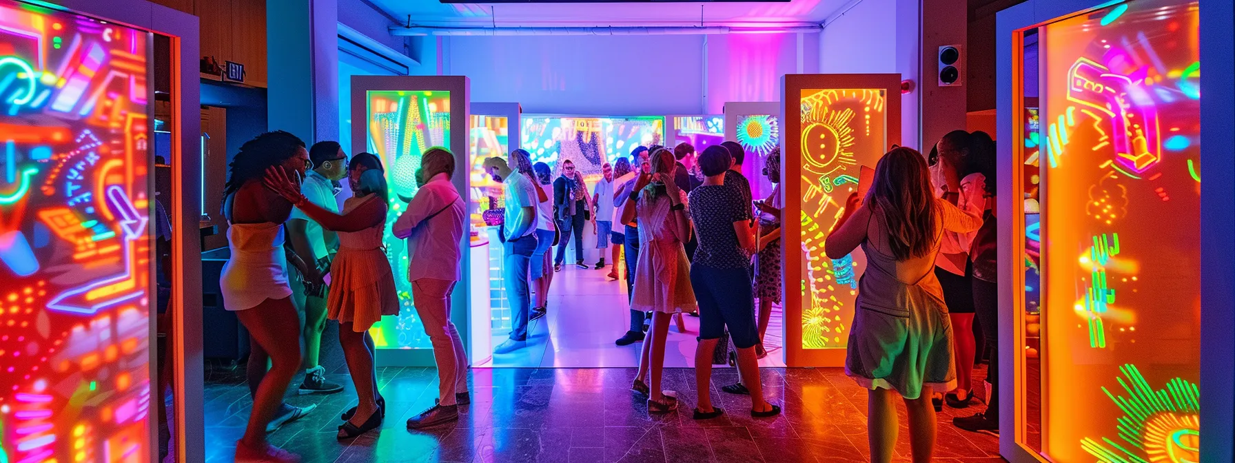 a vibrant and lively event scene showcases an interactive photo booth surrounded by excited guests, with colorful lights and dynamic props creating an atmosphere of unforgettable fun.