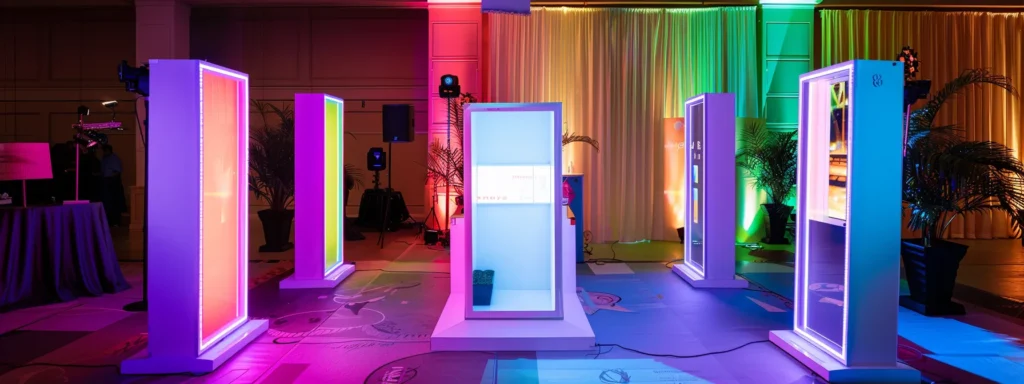 a vibrant and modern photo booth stands illuminated at a lively event, showcasing high-resolution images and interactive features that invite guests to engage and enjoy a personalized experience.