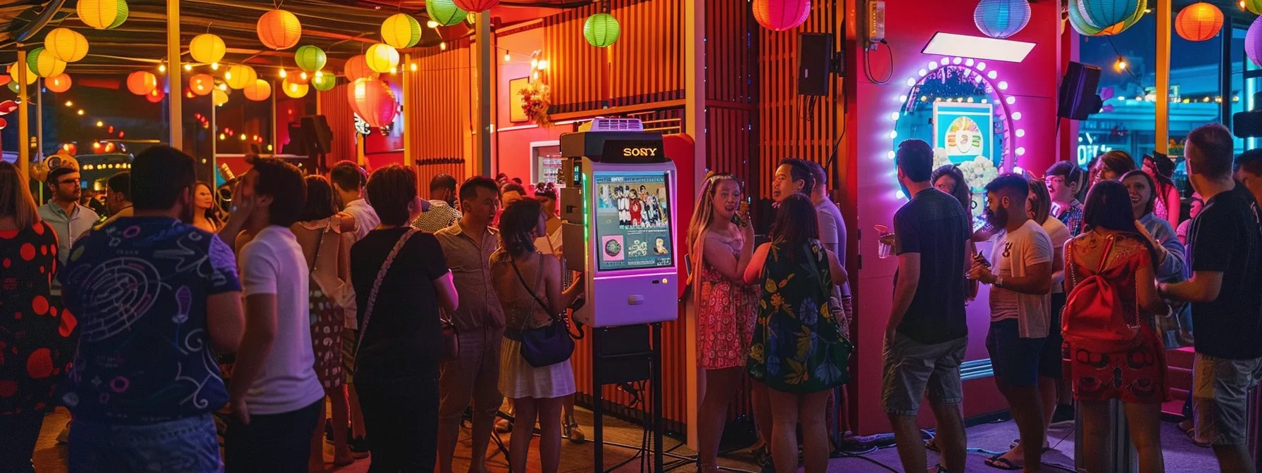 a vibrant event scene showcases a beautifully decorated photo booth surrounded by lively guests, capturing the essence of joy and engagement at a memorable celebration.