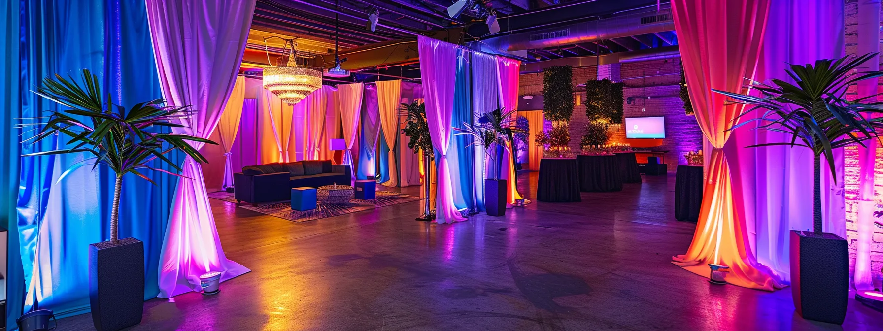 a vibrant event space filled with a variety of photo booths, each uniquely styled—from a classic enclosed booth draped in elegant curtains to a sleek open-air setup sparkling with augmented reality features, all illuminated by warm, ambient lighting that enhances the festive atmosphere.