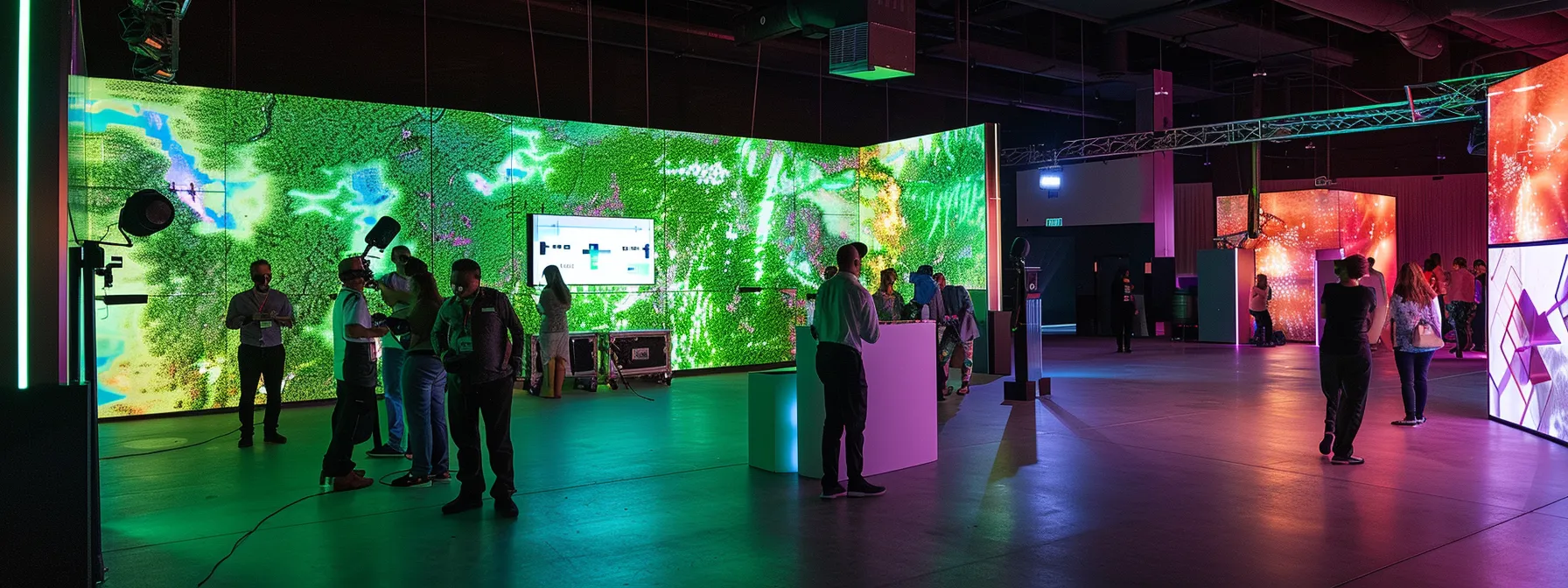 a vibrant, high-tech event space showcases an interactive photo booth featuring a lush green screen backdrop, illuminated with dynamic lighting, while guests engage excitedly with advanced photo features and social media sharing tools.