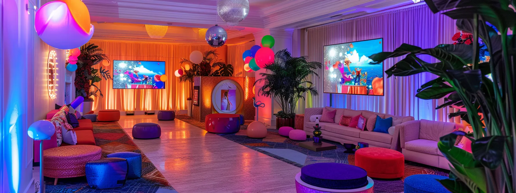 a vibrant indoor celebration featuring a stylish digital photo booth, adorned with themed decorations, capturing joyful moments in a lively atmosphere illuminated by soft, colorful lighting.