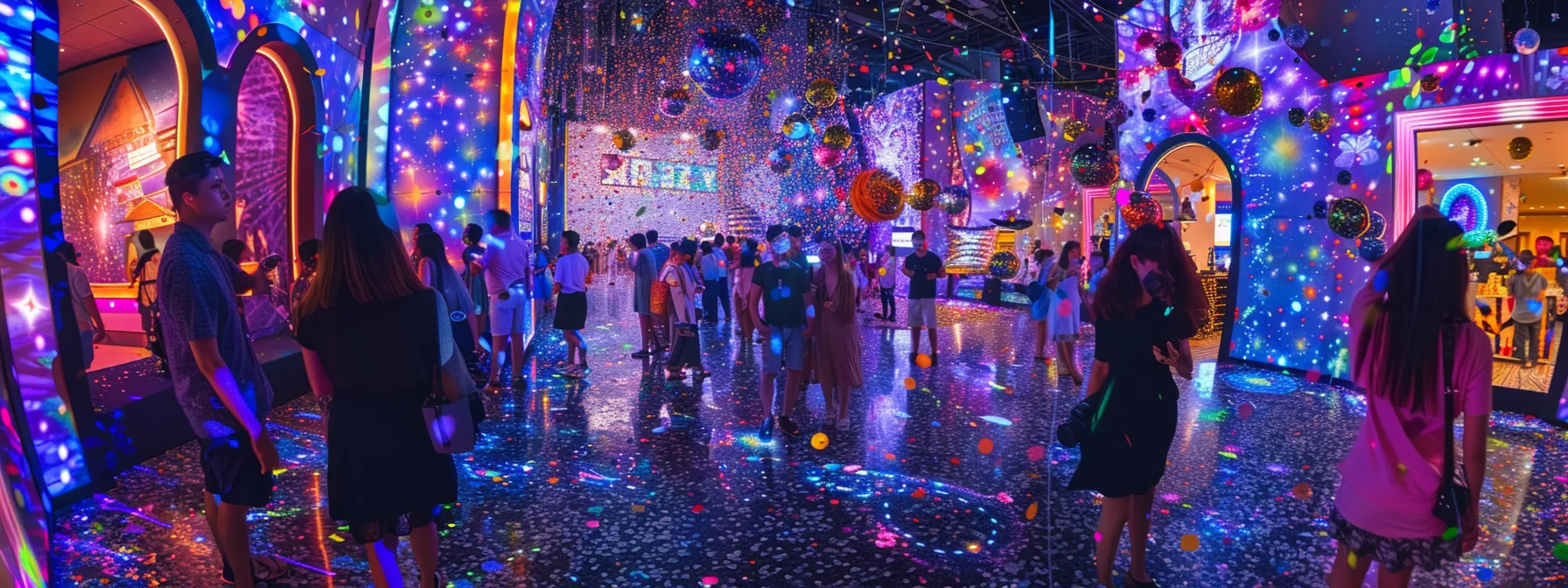 a vibrant party atmosphere comes alive as guests joyfully pose with playful props in front of dazzling photo booths, surrounded by bursts of colorful lights and shimmering confetti that capture the essence of celebration.