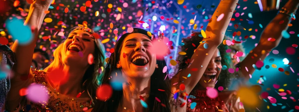 a vibrant party scene brimming with laughter and colorful lights captures guests joyfully posing at trendy photo booths, surrounded by confetti and stylish backdrops, encapsulating the essence of unforgettable fun and celebration.