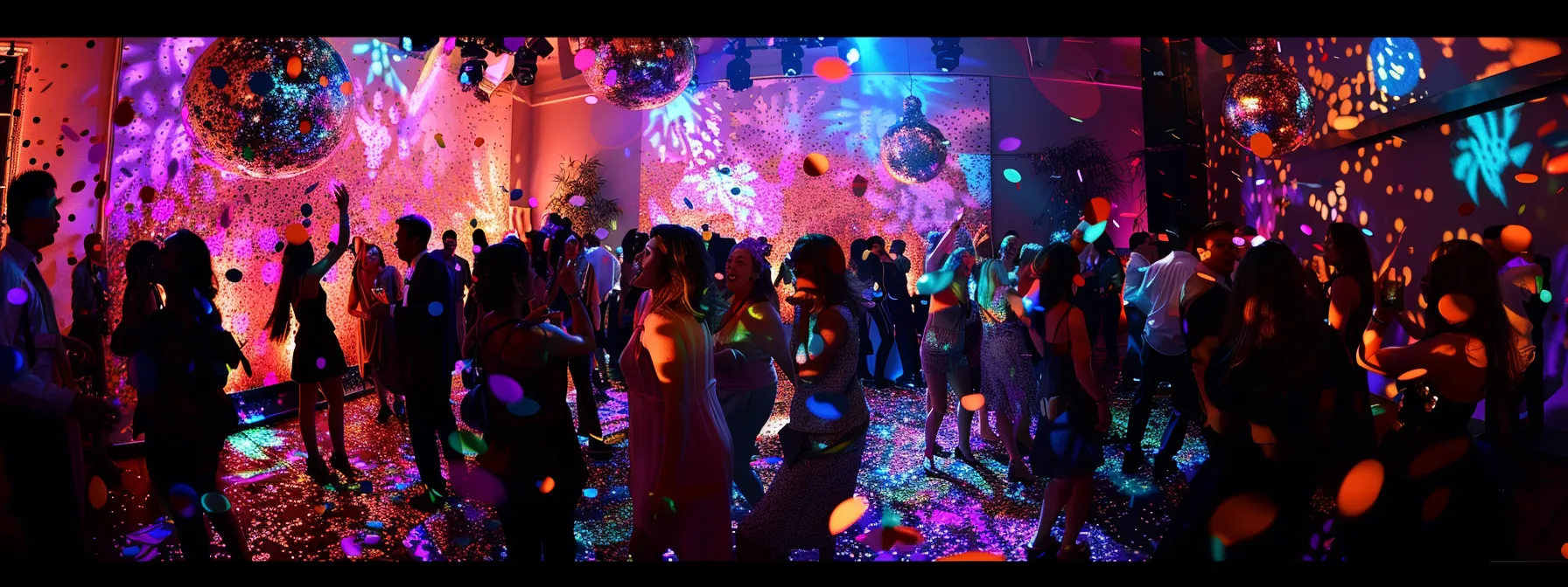 a vibrant party scene brimming with laughter and energy showcases guests joyfully posing in lively photo booths surrounded by colorful lights, confetti, and stylish backdrops, capturing unforgettable memories in a whirlwind of excitement.